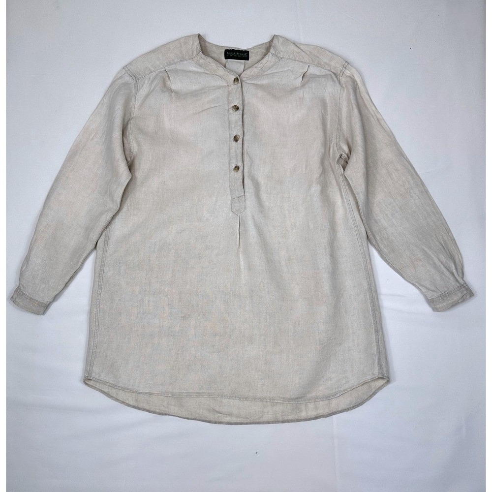 Harve Benard Henley Pullover Shirt Mens Linen Long Sleeve Beige